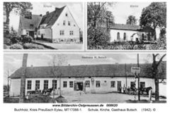 Bukowiec – szkoła, kościół, karczma. Pocztówka z 1942 r. Źródło www.bildarchiv-ostpreussen.de