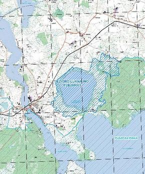 Jezioro Łuknajno – mapa.Źródło: [http:..www.olsztyn.rdos.gov.pl Regionalna Dyrekcja Ochrony Środowiska w Olsztynie]